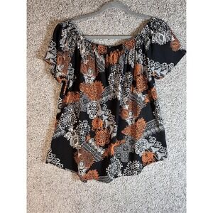 Renee C. Off The Shoulder Blouse Top Sz L Brown Black Printed Flowy Boho Casual
